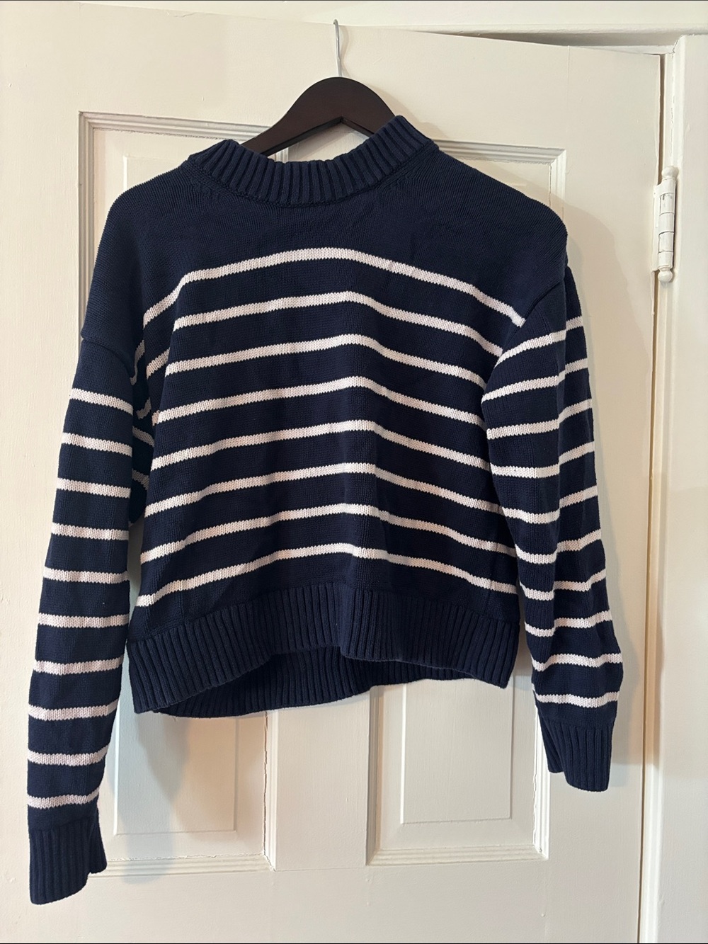 GAP Navy and White Striped Crewneck Sweater